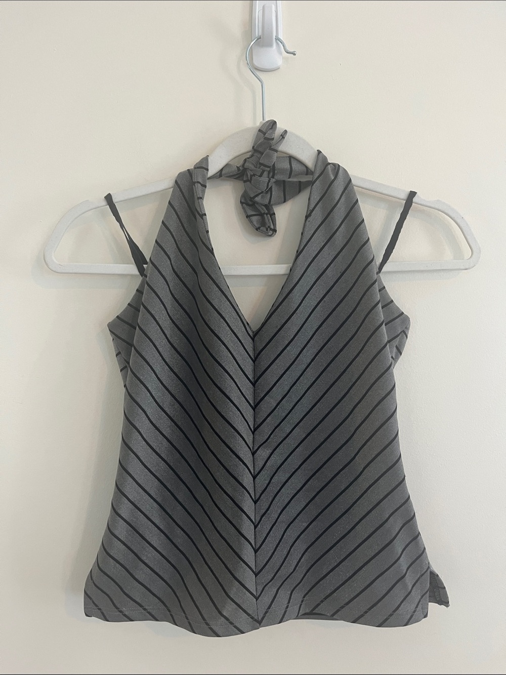 Vintage Hot Kiss Halter Top Metallic Pinstripe 90s Y2K Gray Silver Club Night